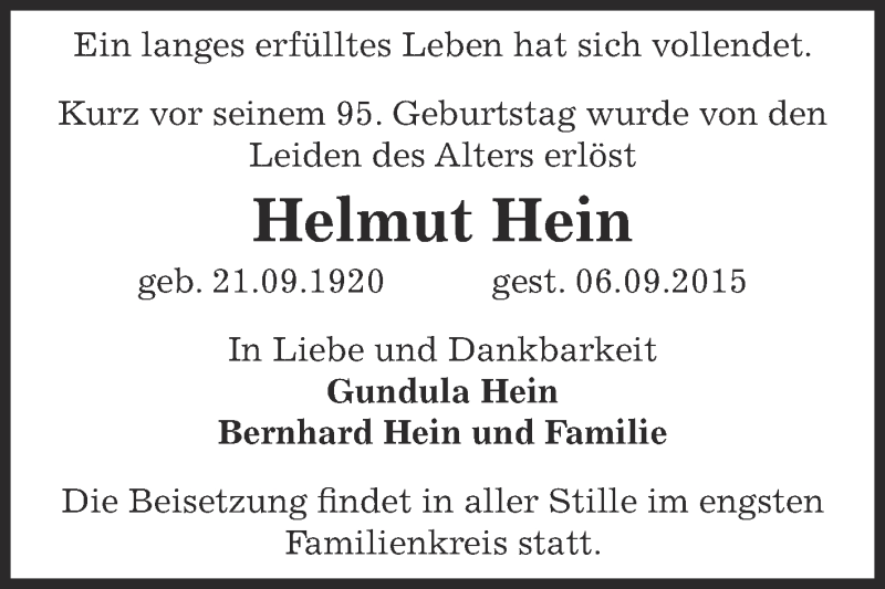  Traueranzeige für Helmut Hein vom 12.09.2015 aus WVG - Wochenspiegel Dessau / Köthen