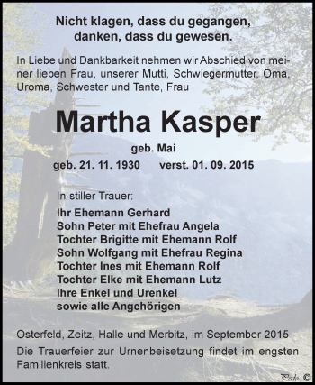 Traueranzeige von Martha Kasper von Super Sonntag Zeitz