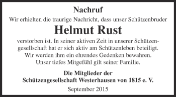 Traueranzeige von Helmut Rust von Super Sonntag Quedlinburg