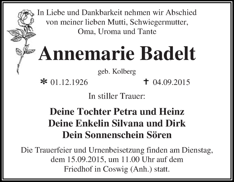 Traueranzeige für Annemarie Badelt vom 12.09.2015 aus WVG - Wochenspiegel Dessau / Köthen