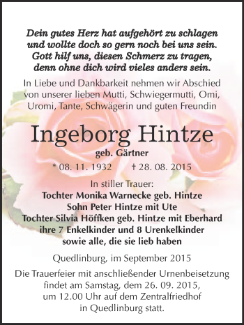 Traueranzeige von Ingeborg Hintze von WVG - Wochenspiegel Quedlinburg