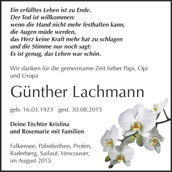 Traueranzeige von Günther Lachmann von Super Sonntag Zeitz