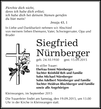 Traueranzeige von Siegfreid Nürnberger von Mitteldeutsche Zeitung