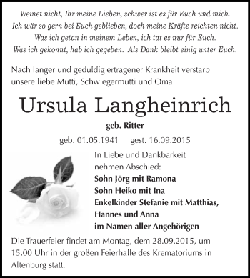 Traueranzeige von Ursula Langheinrich von Super Sonntag Zeitz
