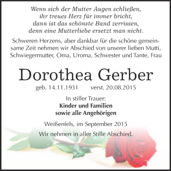 Traueranzeige von Dorothea Gerber von WVG - Wochenspiegel NMB / WSF / ZTZ