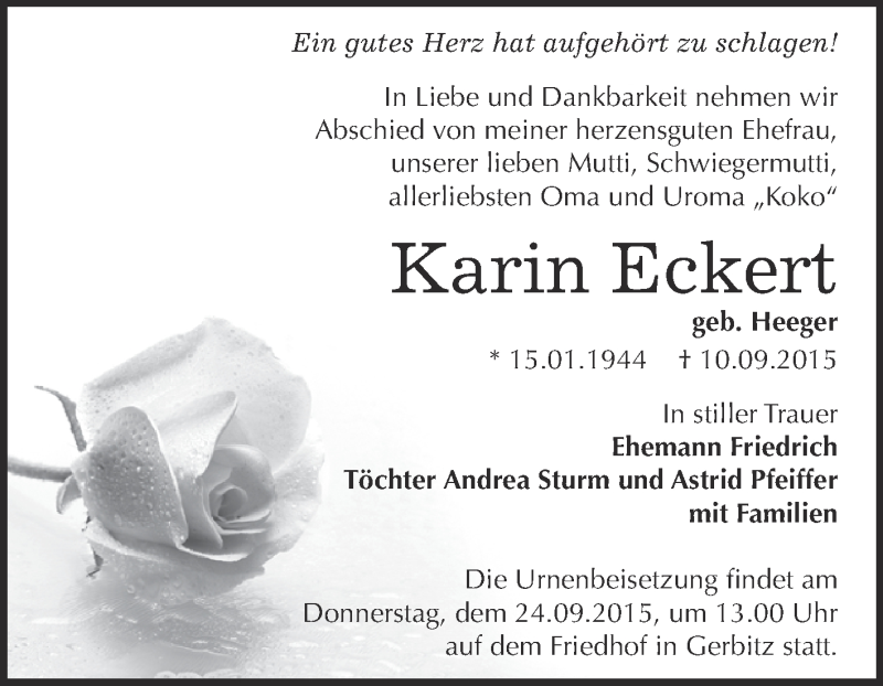  Traueranzeige für Karin Eckert vom 19.09.2015 aus Super Sonntag Bernburg