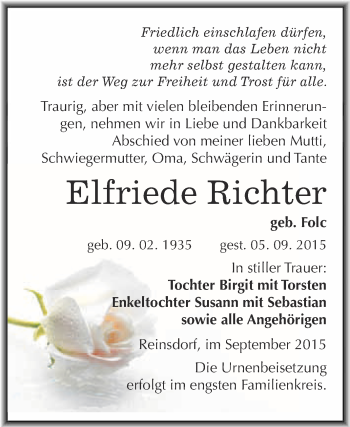 Traueranzeige von Elfriede Richter von WVG - Wochenspiegel Wittenberg
