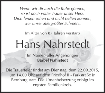 Traueranzeige von Hans Nahrstedt von Super Sonntag Bernburg