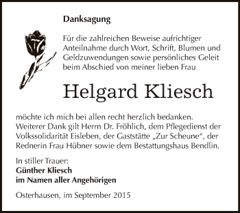 Traueranzeige von Helgard Kliesch von WVG - Wochenspiegel SGH