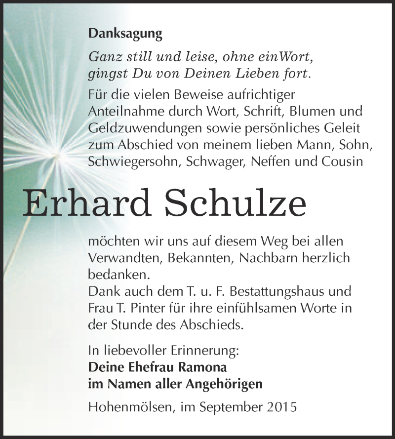  Traueranzeige für Erhard Schulze vom 30.09.2015 aus WVG - Wochenspiegel NMB / WSF / ZTZ