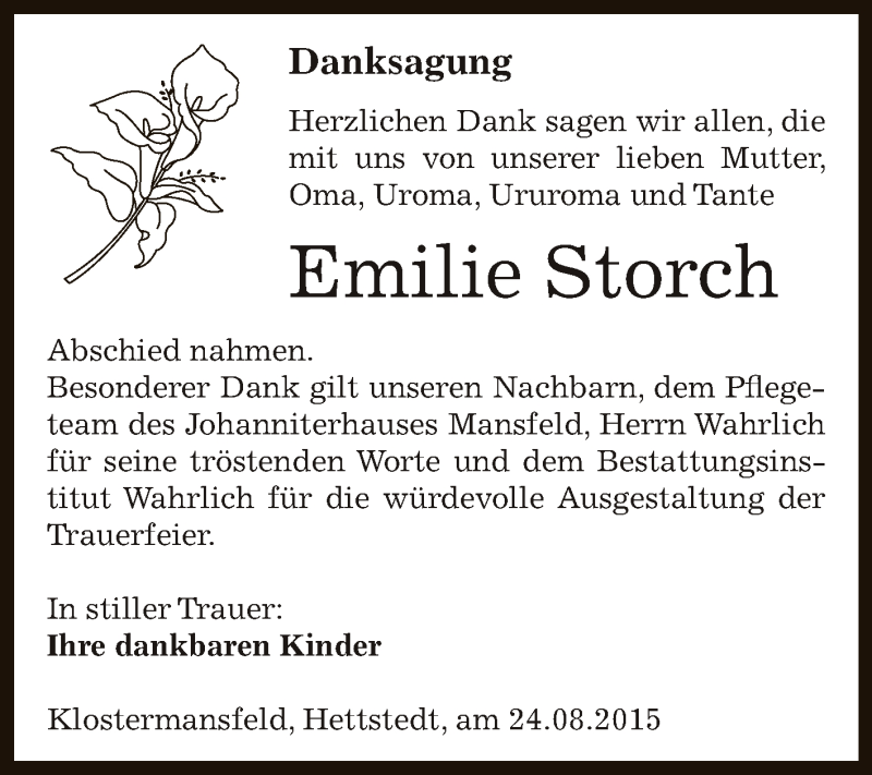  Traueranzeige für Emilie Storch vom 09.09.2015 aus Wochenspiegel Mansfelder Land