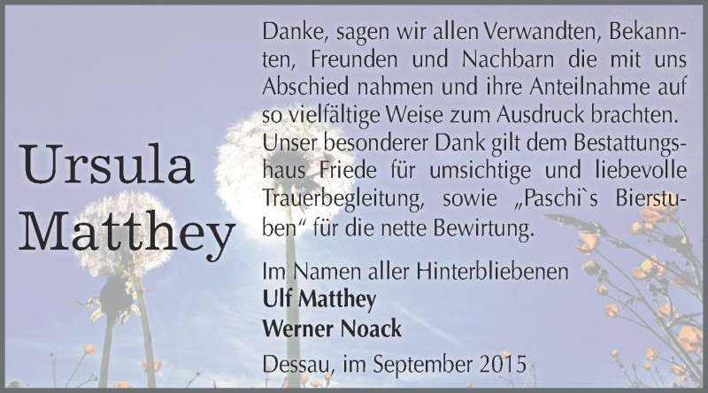  Traueranzeige für Ursula Matthey vom 12.09.2015 aus WVG - Wochenspiegel Dessau / Köthen