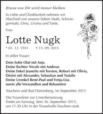 Traueranzeige von Lotte Nugk von WVG - Wochenspiegel NMB / WSF / ZTZ