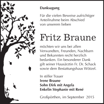 Traueranzeige von Fritz Braune von Super Sonntag Zeitz