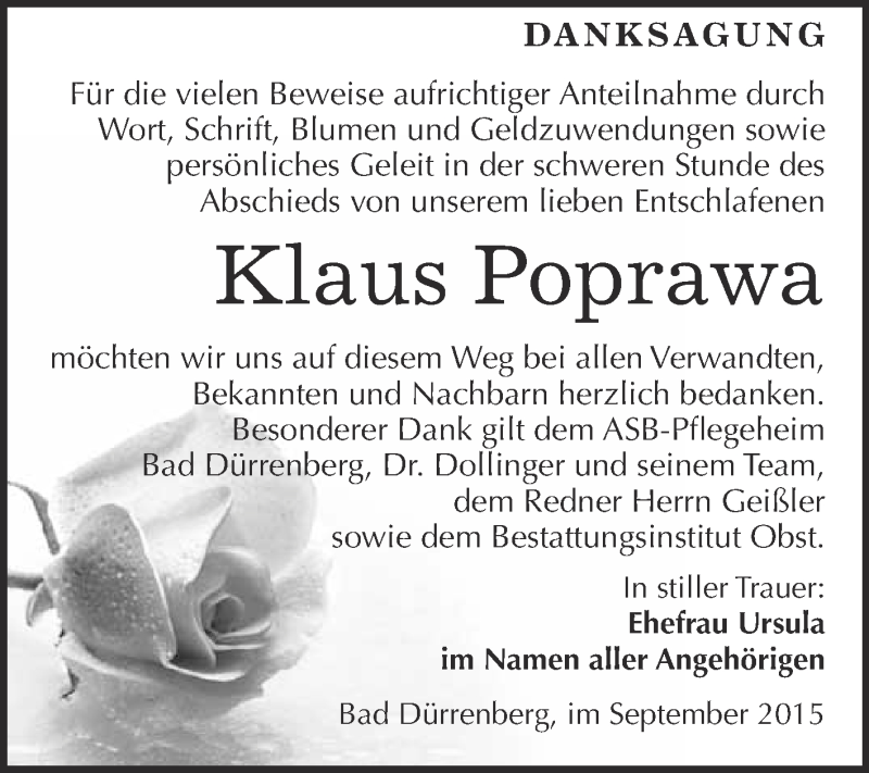  Traueranzeige für Klaus Poprawa vom 12.09.2015 aus Super Sonntag Merseburg