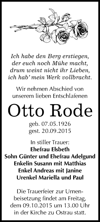 Traueranzeige von Otto Rode von Mitteldeutsche Zeitung Halle/Saalkreis