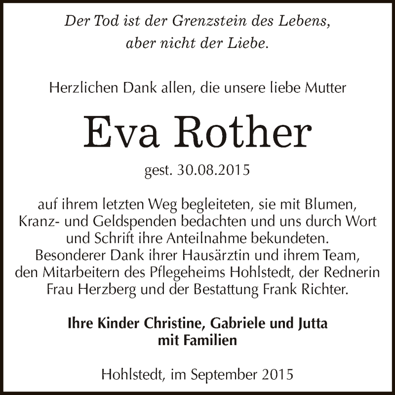  Traueranzeige für Eva Rother vom 26.09.2015 aus Super Sonntag SGH Mansf. Land