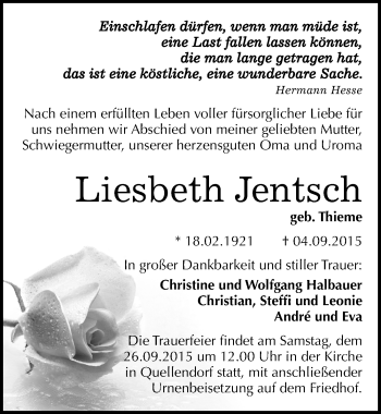 Traueranzeige von Liesbeth Jentsch von Mitteldeutsche Zeitung Köthen