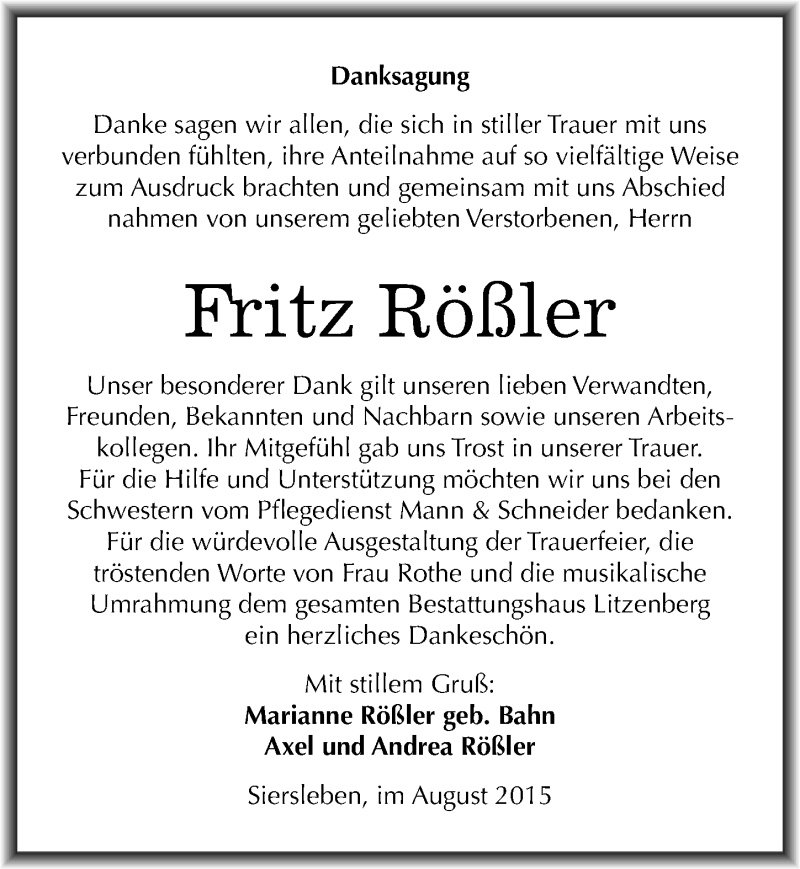  Traueranzeige für Fritz Rößler vom 04.09.2015 aus Mitteldeutsche Zeitung Mansfelder Land