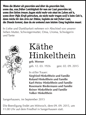 Traueranzeige von Käthe Hinkelthein von Super Sonntag SGH Mansf. Land