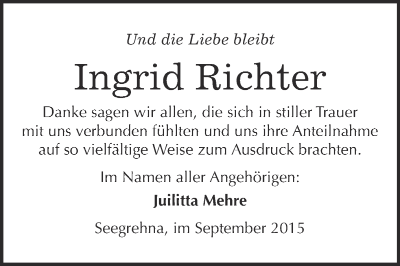  Traueranzeige für Ingrid Richter vom 26.09.2015 aus WVG - Wochenspiegel Wittenberg