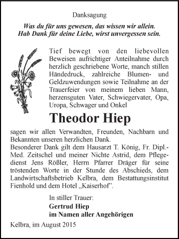 Traueranzeige von Theodor Hiep von Super Sonntag SGH Mansf. Land