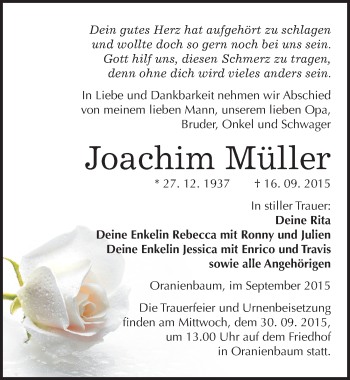 Traueranzeige von Joachim Müller von Mitteldeutsche Zeitung Wittenberg