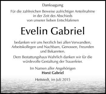 Traueranzeige von Evelin Gabriel von Wochenspiegel Mansfelder Land