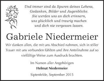 Traueranzeige von Gabriele Niedermeier von WVG - Wochenspiegel Quedlinburg