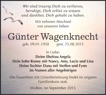 Traueranzeige von Günter Wagenknecht von WVG - Wochenspiegel Bitterfeld