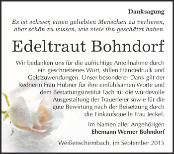 Traueranzeige von Edeltraut Bohndorf von WVG - Wochenspiegel Merseburg