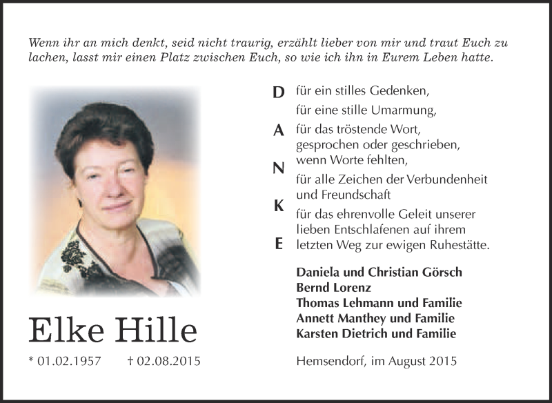  Traueranzeige für Elke Hille vom 12.09.2015 aus WVG - Wochenspiegel Wittenberg