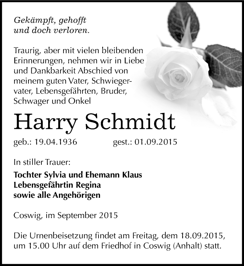  Traueranzeige für Harry Schmidt vom 05.09.2015 aus Mitteldeutsche Zeitung Wittenberg