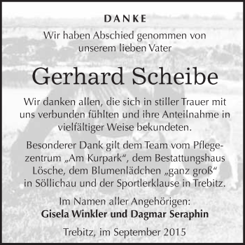 Traueranzeige von Gerhard Scheibe von WVG - Wochenspiegel Wittenberg