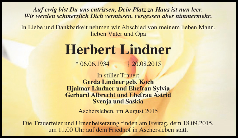  Traueranzeige für Herbert Lindner vom 02.09.2015 aus Super Sonntag Aschersleben