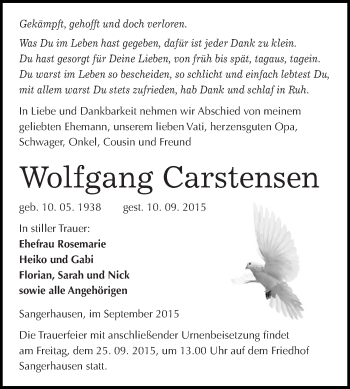 Traueranzeige von Wolfgang Carstensen von Super Sonntag SGH Mansf. Land