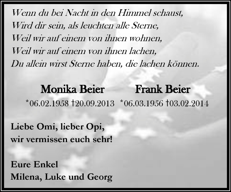  Traueranzeige für Monika und Frank Beier vom 19.09.2015 aus WVG - Wochenspiegel Dessau / Köthen