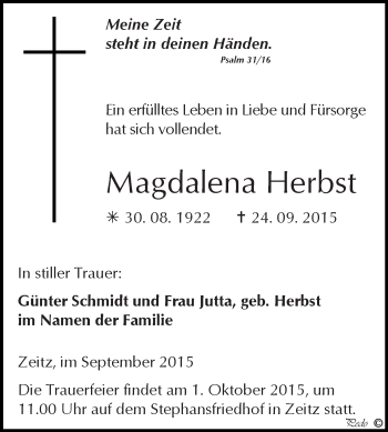 Traueranzeige von Magdalena Herbst von Super Sonntag Zeitz