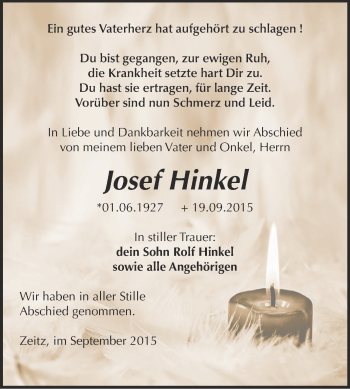 Traueranzeige von Josef Hinkel von Super Sonntag Zeitz