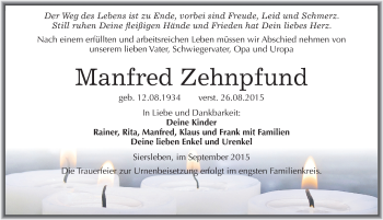 Traueranzeige von Manfred Zehnpfund von Mitteldeutsche Zeitung Mansfelder Land