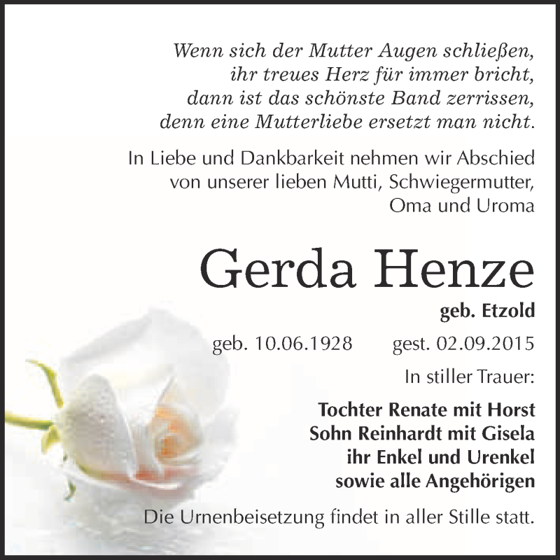  Traueranzeige für Gerda Henze vom 09.09.2015 aus WVG - Wochenspiegel NMB / WSF / ZTZ