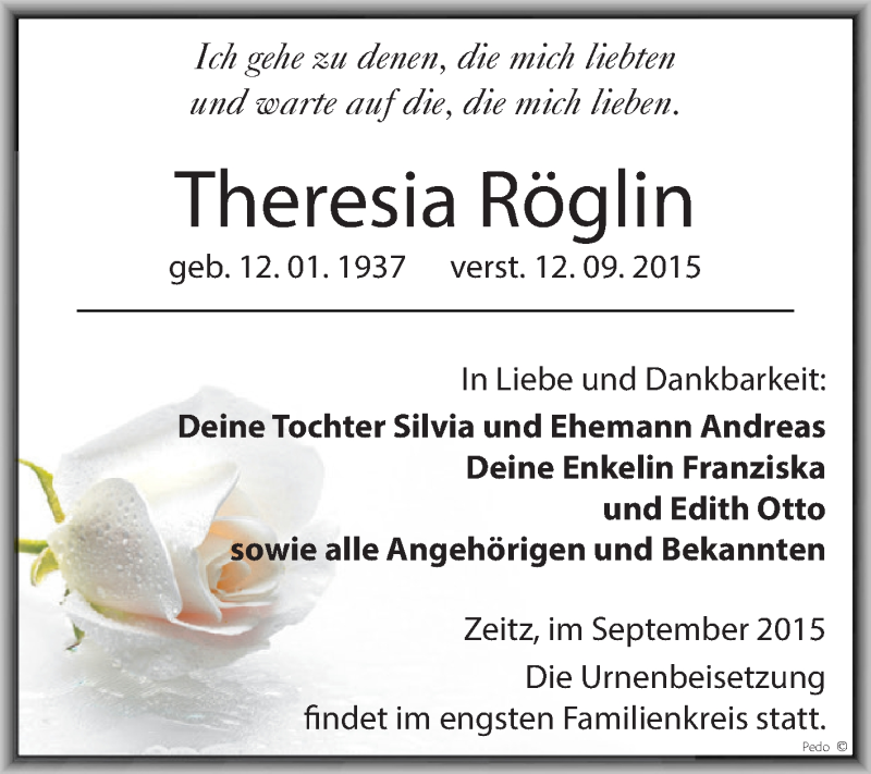  Traueranzeige für Theresia Röglin vom 19.09.2015 aus Super Sonntag Zeitz
