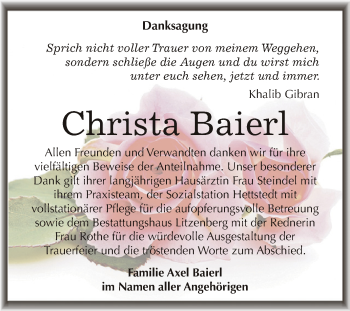 Traueranzeige von Christa Baierl von Wochenspiegel Mansfelder Land