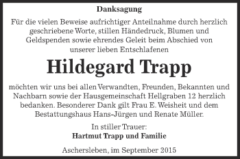 Traueranzeige von Hildegard Trapp von Super Sonntag Aschersleben