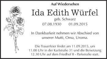 Traueranzeige von Ida Edith Würfel von Super Sonntag Bernburg