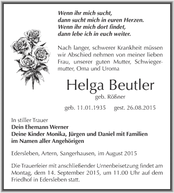 Traueranzeige von Helga Beutler von WVG - Wochenspiegel SGH