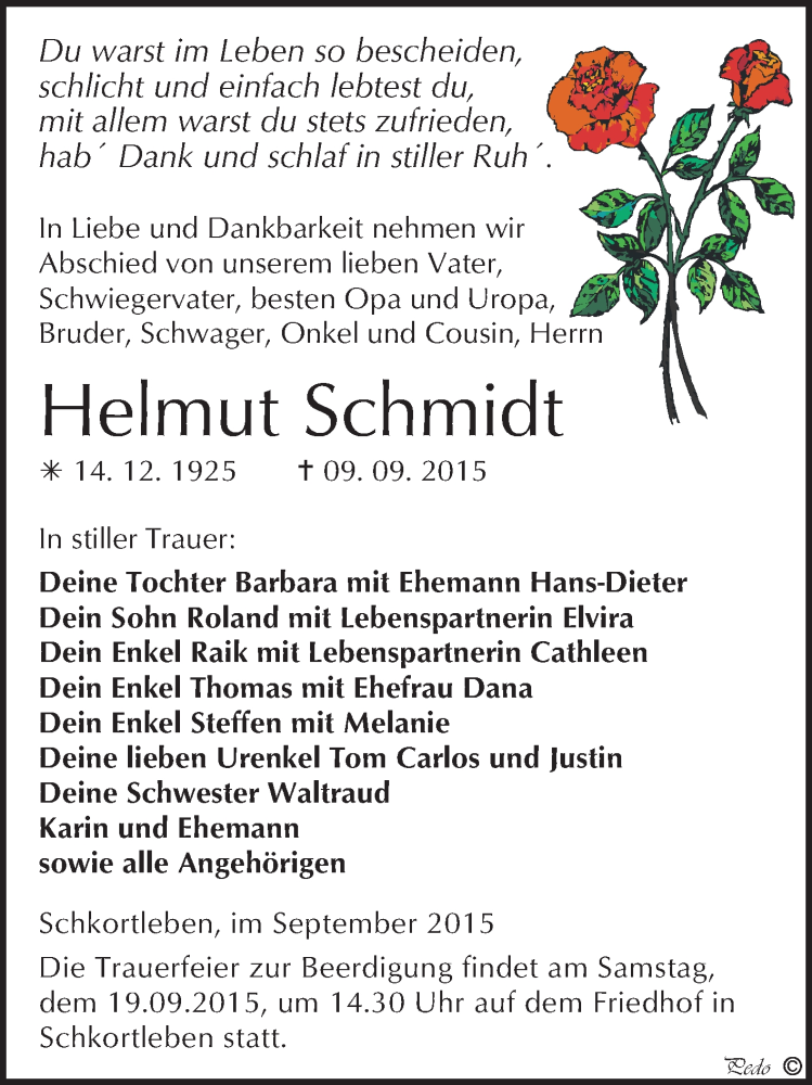  Traueranzeige für Helmut Schmidt vom 16.09.2015 aus WVG - Wochenspiegel NMB / WSF / ZTZ
