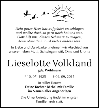 Traueranzeige von Lieselotte Volkland von Mitteldeutsche Zeitung Dessau-Roßlau