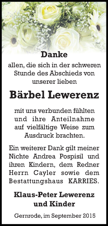 Traueranzeige von Bärbel Lewerenz von WVG - Wochenspiegel Quedlinburg