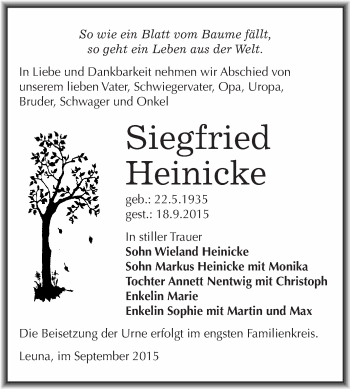 Traueranzeige von Siegfried Heinicke von WVG - Wochenspiegel Merseburg